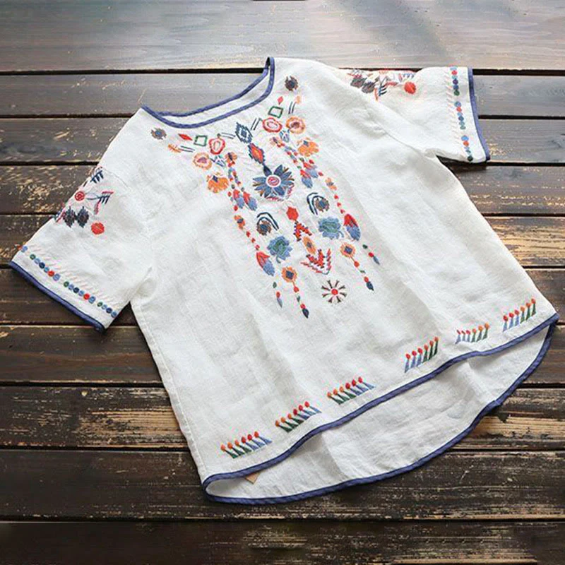 Buddha Stones Retro Artystyczny Haft Kwiatowy Wzór Okrągły Dekolt Damska Bawełniana Lniana Krótki Rękaw T-shirt - Image 3