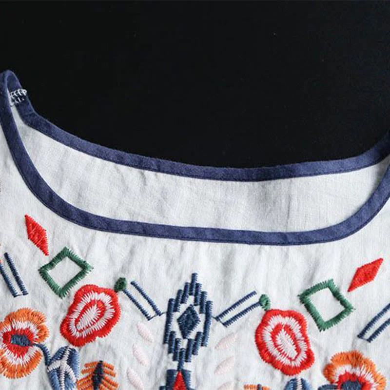 Buddha Stones Retro Artystyczny Haft Kwiatowy Wzór Okrągły Dekolt Damska Bawełniana Lniana Krótki Rękaw T-shirt - Image 4