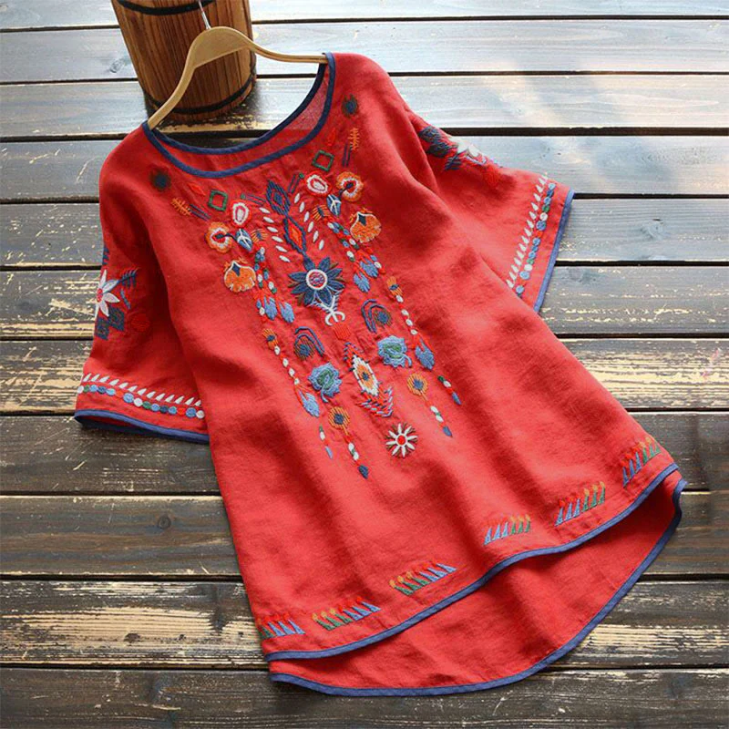 Buddha Stones Retro Artystyczny Haft Kwiatowy Wzór Okrągły Dekolt Damska Bawełniana Lniana Krótki Rękaw T-shirt - Image 9