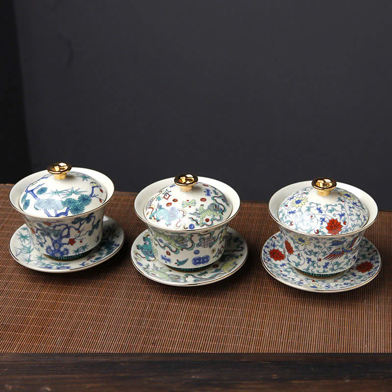 Buddha Stones Retro Śliwkowy Kwiat Sosna Bambus Feniks Kirin Ceramiczny Gaiwan Sancai Filiżanka do herbaty Kung Fu Filiżanka do herbaty i spodek z pokrywką - Image 15