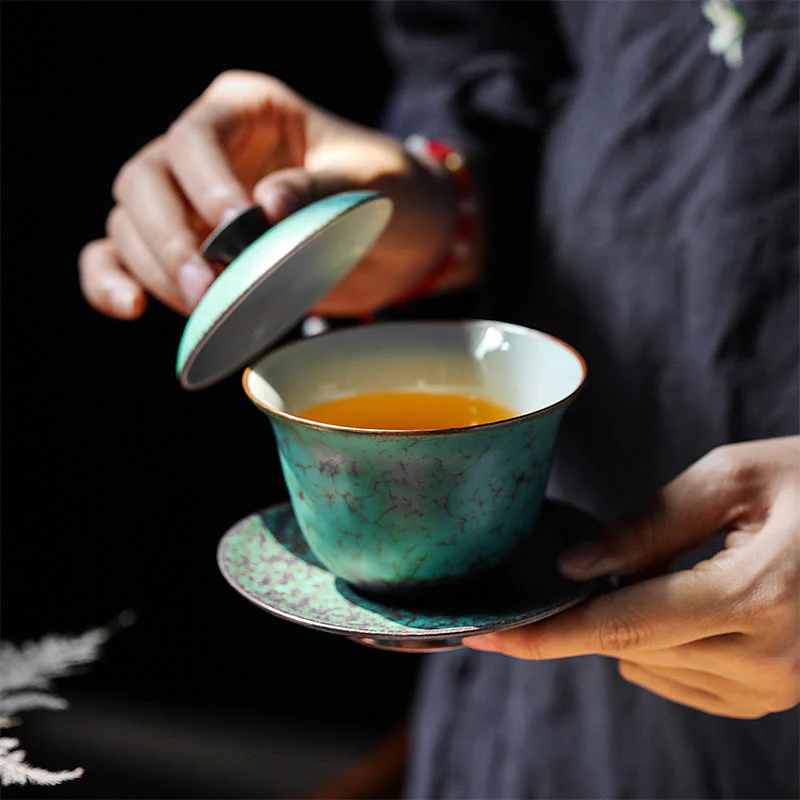 Buddha Stones Retro Zielony Szkliwo Ceramiczny Gaiwan Sancai Filiżanka Kung Fu Filiżanka I Spodek Z Pokrywką - Image 2