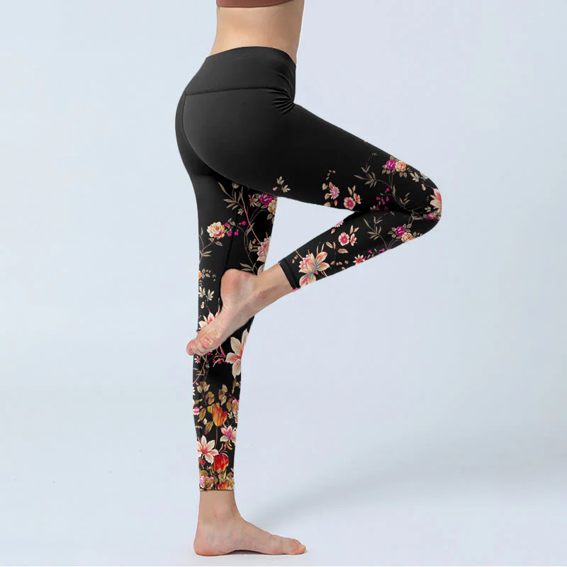 Buddha Stones Różowe Róże Beżowe Kwiaty Nadruk Leginsy Fitness Siłownia Damskie Spodnie Joga - Image 4