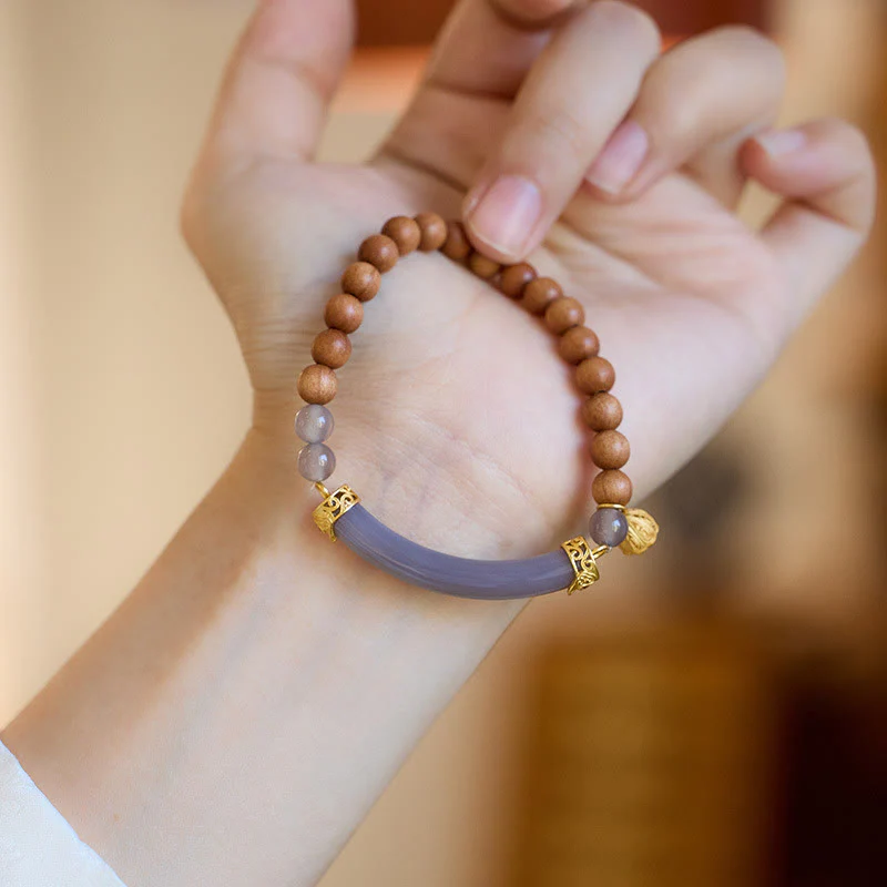 Buddha Stones Sandałowiec Szary Agat Chalcedon Mankiet Pół Bransoletka Bangle - Image 16