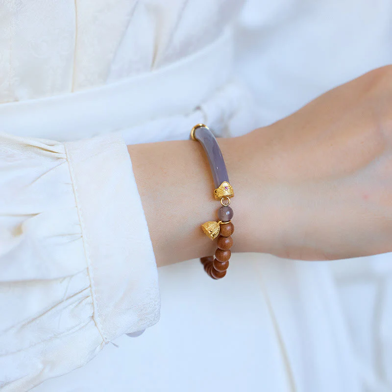 Buddha Stones Sandałowiec Szary Agat Chalcedon Mankiet Pół Bransoletka Bangle - Image 17