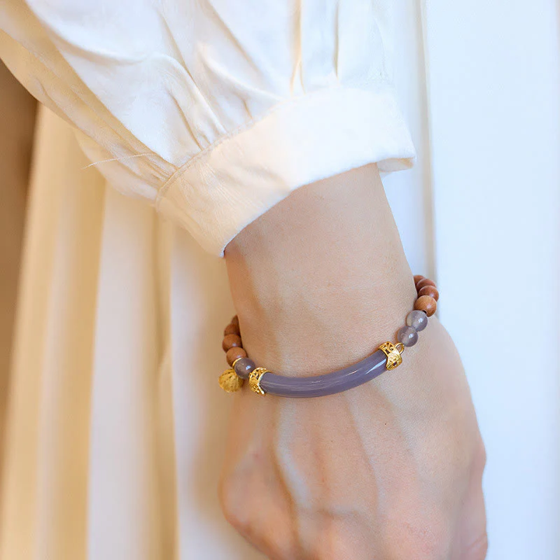 Buddha Stones Sandałowiec Szary Agat Chalcedon Mankiet Pół Bransoletka Bangle - Image 18