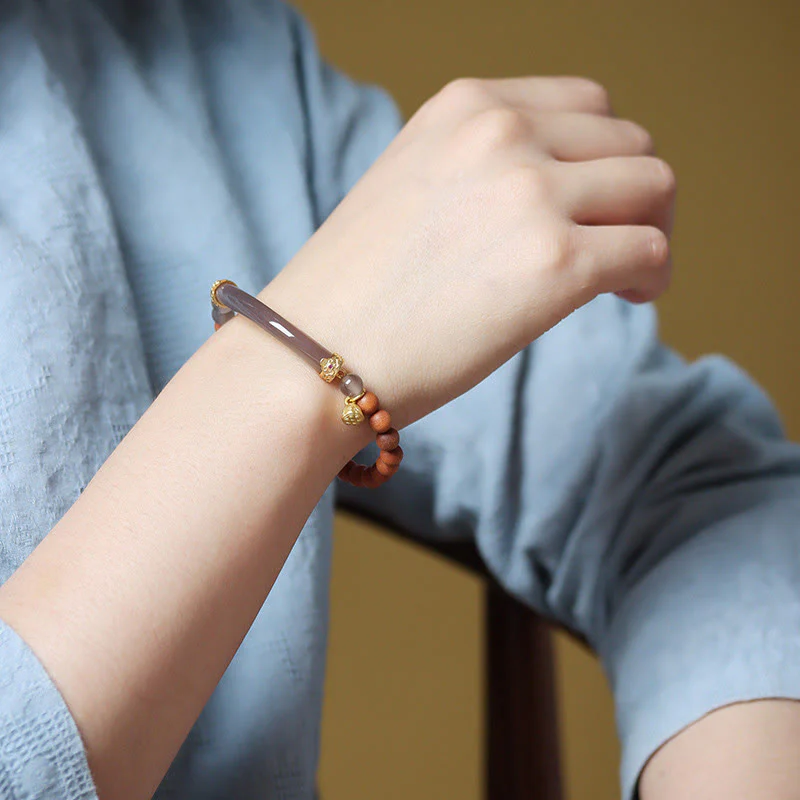 Buddha Stones Sandałowiec Szary Agat Chalcedon Mankiet Pół Bransoletka Bangle - Image 19