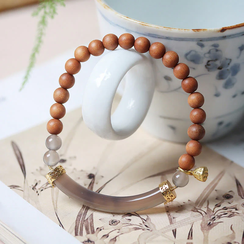 Buddha Stones Sandałowiec Szary Agat Chalcedon Mankiet Pół Bransoletka Bangle - Image 2