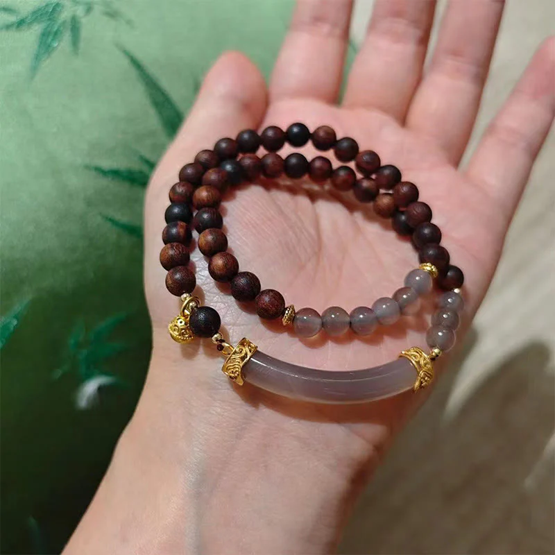 Buddha Stones Sandałowiec Szary Agat Chalcedon Mankiet Pół Bransoletka Bangle - Image 24