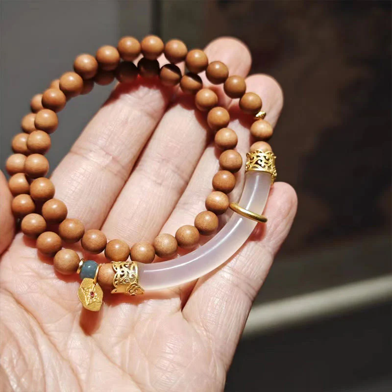 Buddha Stones Sandałowiec Szary Agat Chalcedon Mankiet Pół Bransoletka Bangle - Image 25