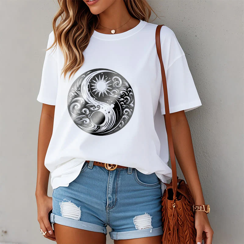 Buddha Stones Słońce Księżyc Fale Yin Yang Wzór Bawełna Koszulka T-shirt - Image 2