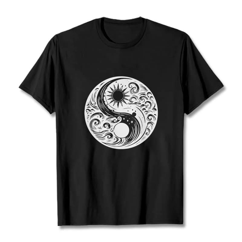 Buddha Stones Słońce Księżyc Fale Yin Yang Wzór Bawełna Koszulka T-shirt - Image 5
