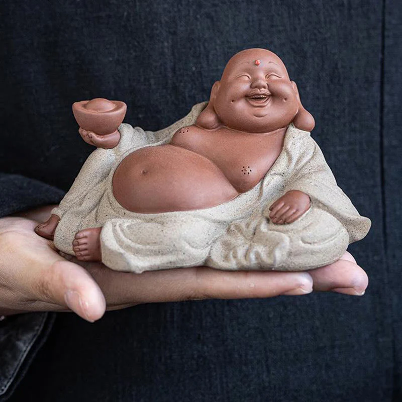 Buddha Stones Śmiejący się Budda Sztabki Przyciągają Bogactwo Fioletowa Glina Dekoracja Statuy Maitreya - Image 12