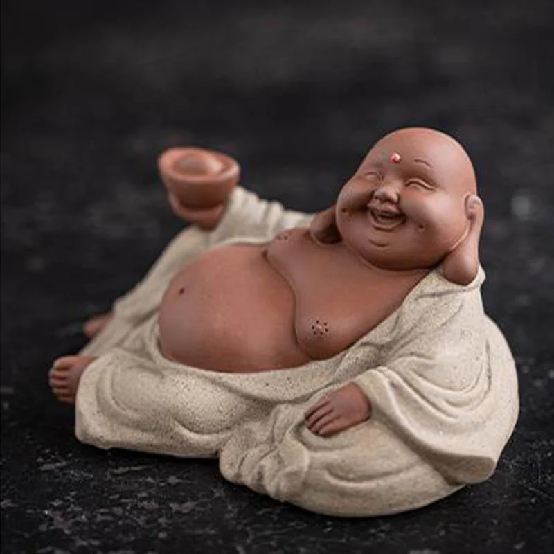 Buddha Stones Śmiejący się Budda Sztabki Przyciągają Bogactwo Fioletowa Glina Dekoracja Statuy Maitreya - Image 13