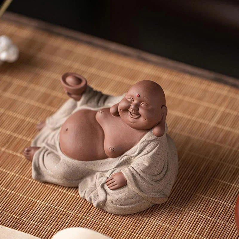 Buddha Stones Śmiejący się Budda Sztabki Przyciągają Bogactwo Fioletowa Glina Dekoracja Statuy Maitreya - Image 15