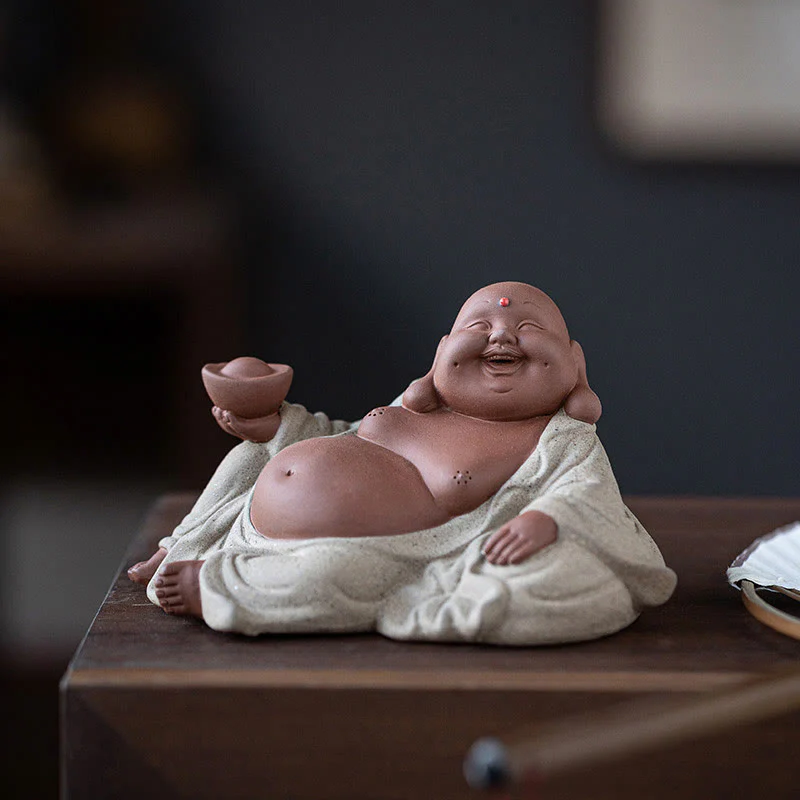 Buddha Stones Śmiejący się Budda Sztabki Przyciągają Bogactwo Fioletowa Glina Dekoracja Statuy Maitreya - Image 16