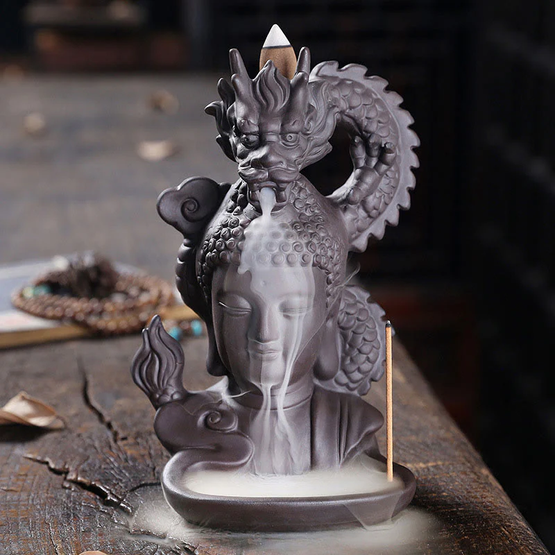 Buddha Stones Smok Budda Pomyślne Chmury Fioletowa Glina Uzdrawiająca Kadzielnica Dekoracja - Image 3