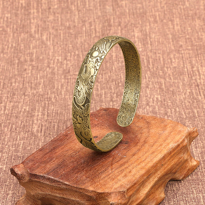 Buddha Stones Smok i Feniks bawiący się perłą Rzeźbiona miedź Mosiądz Ochrona Szczęścia Bransoletka Bangle - Image 2