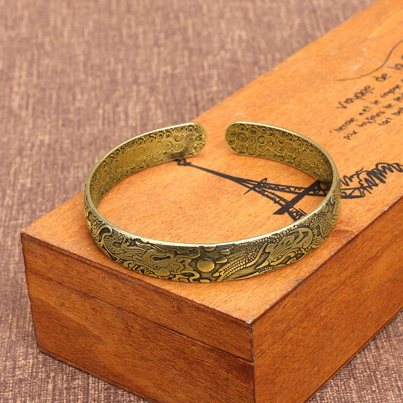 Buddha Stones Smok i Feniks bawiący się perłą Rzeźbiona miedź Mosiądz Ochrona Szczęścia Bransoletka Bangle - Image 3