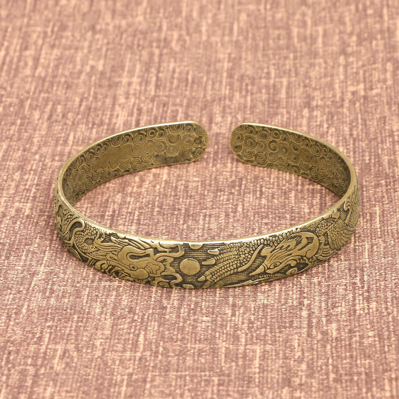Buddha Stones Smok i Feniks bawiący się perłą Rzeźbiona miedź Mosiądz Ochrona Szczęścia Bransoletka Bangle - Image 4