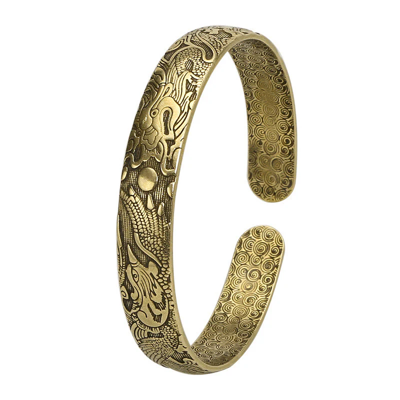 Buddha Stones Smok i Feniks bawiący się perłą Rzeźbiona miedź Mosiądz Ochrona Szczęścia Bransoletka Bangle - Image 9