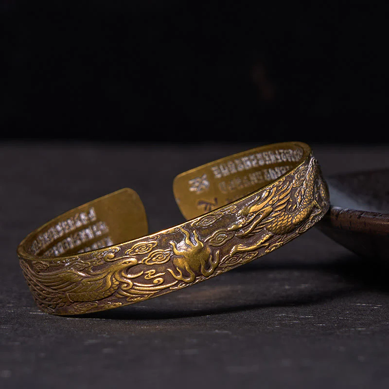 Buddha Stones Smok i Feniks bawiący się perłą Sutra Serca Rzeźbiona Miedź Mosiądz Bransoletka Szczęścia Bangle