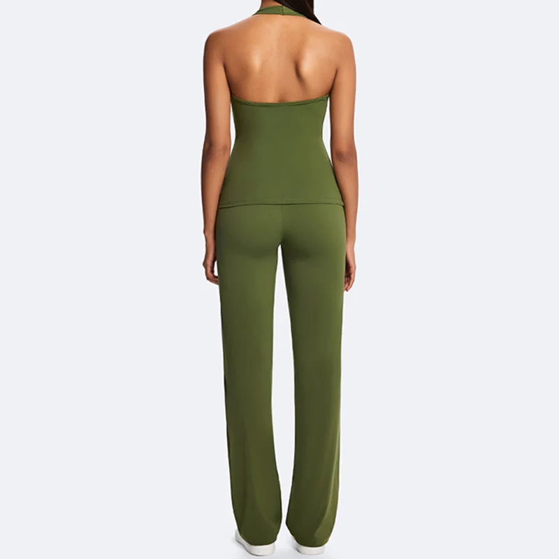 Buddha Stones Solid Crop Halter Backless Sleeveless Top Straight Leg Pants do uprawiania sportu, fitnessu i jogi - Image 17