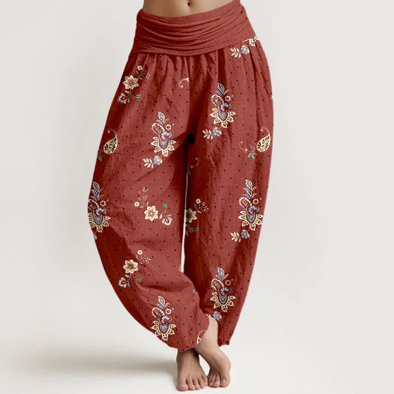 Buddha Stones Spodnie damskie haremki z elastycznej talii w stylu boho paisley z czystej bawełny i kwiatowym wzorem - Image 6