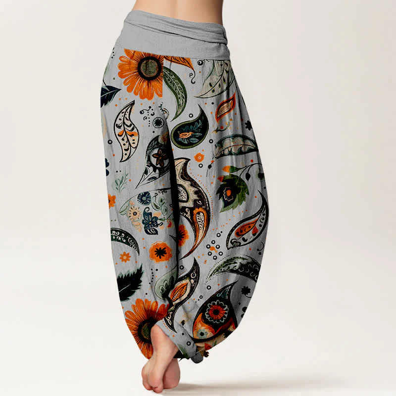 Buddha Stones Spodnie damskie haremki z elastycznej talii z czystej bawełny w stylu boho paisley ze wzorem słonecznika - Image 7
