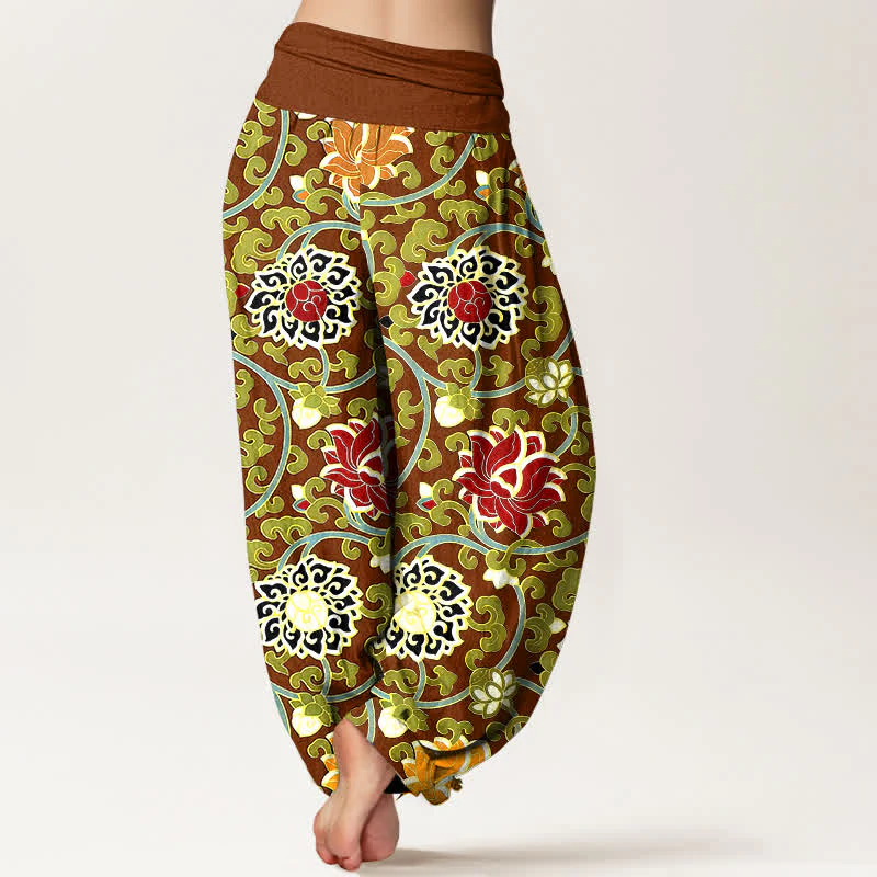 Buddha Stones Spodnie damskie haremki z elastycznej talii z czystej bawełny w stylu boho z motywem lotosu - Image 7