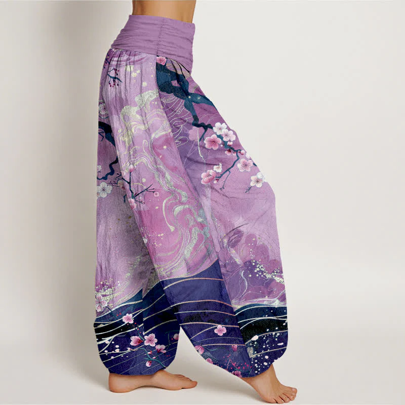 Buddha Stones Spodnie damskie typu harem z elastycznej talii z czystej bawełny z motywem gałęzi kwitnącej wiśni - Image 7