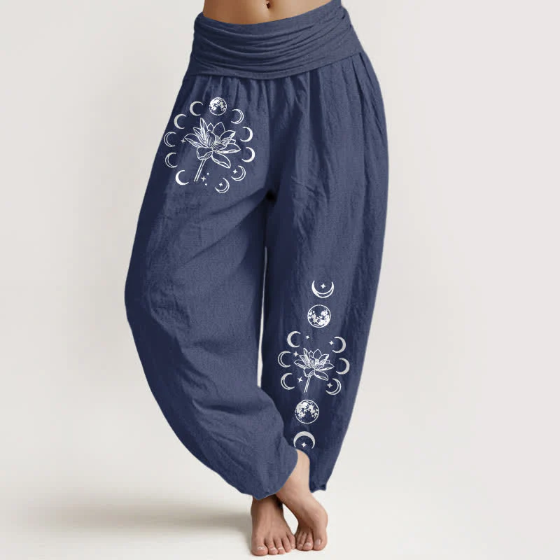 Buddha Stones Spodnie damskie typu harem z elastycznej talii, z motywem fazy księżyca i lotosu, z czystej bawełny - Image 6