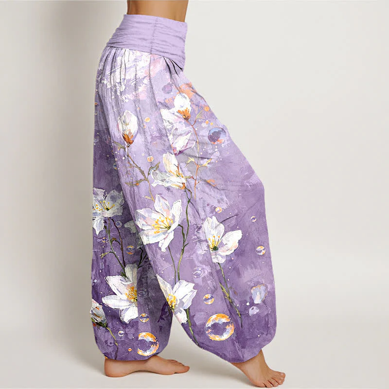 Buddha Stones Spodnie damskie typu harem z elastycznej talii z motywem lotosu w kolorze akwarelowym z czystej bawełny - Image 8