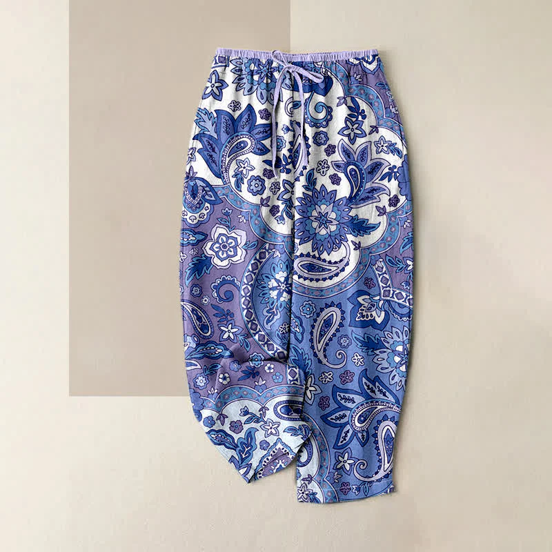 Buddha Stones Spodnie damskie z elastycznej talii z kieszeniami, z czystej bawełny, w boho wzór paisley i kwiatowym wzorem - Image 4