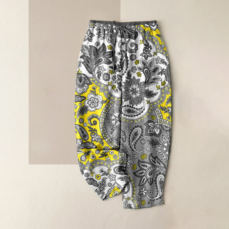 Buddha Stones Spodnie damskie z elastycznej talii z kieszeniami, z czystej bawełny, w boho wzór paisley i kwiatowym wzorem - Image 5
