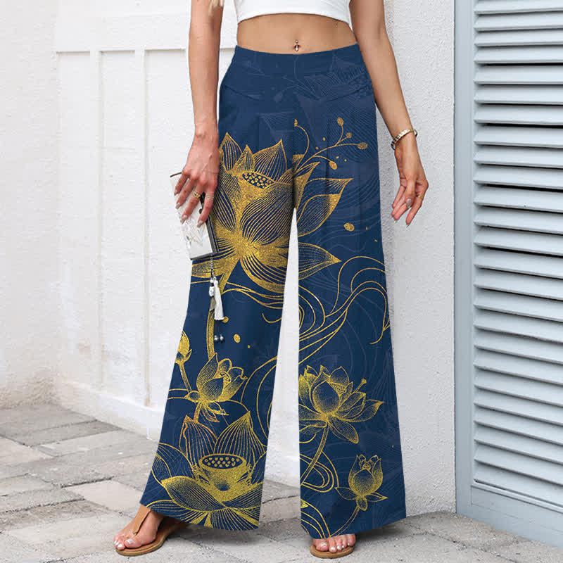 Buddha Stones Spodnie damskie z szerokimi nogawkami i elastyczną talią i kieszeniami, wzór złotego lotosu, z bawełny i lnu - Image 8