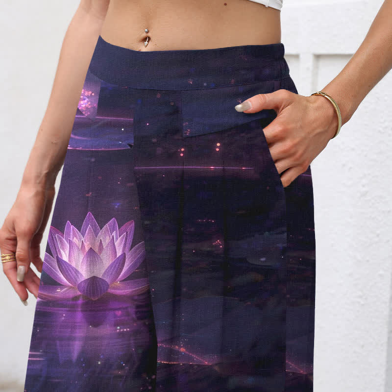 Buddha Stones Spodnie damskie z szerokimi nogawkami i elastyczną talią, wzorem Lotus Galaxy i kieszeniami, z bawełny i lnu - Image 3