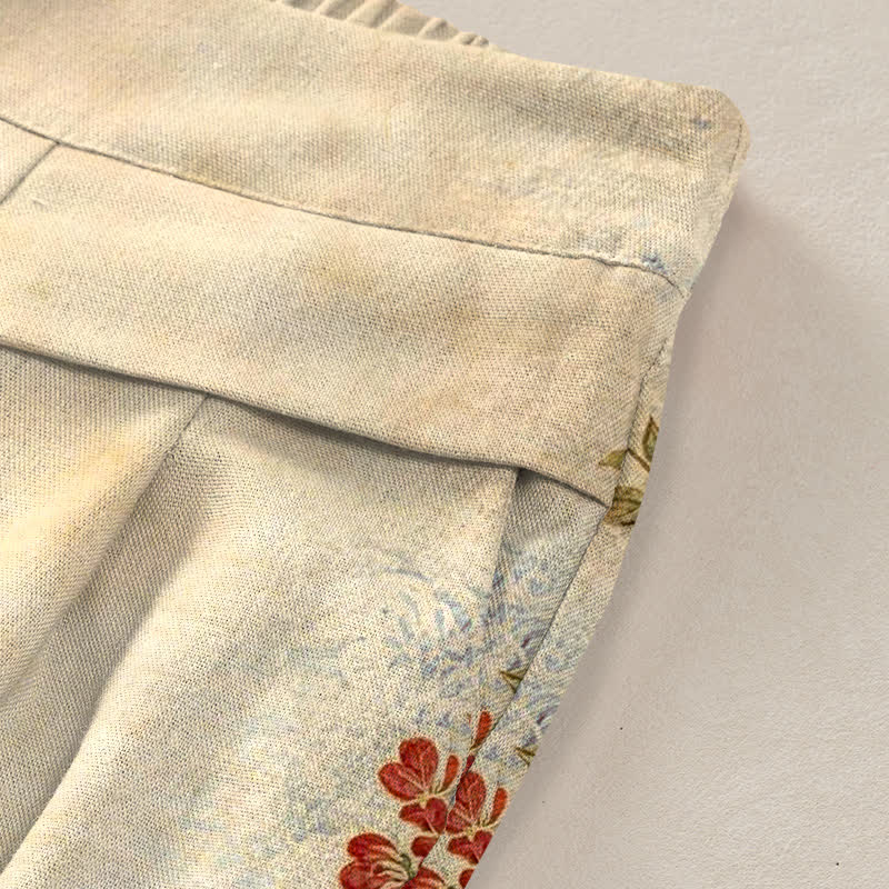 Buddha Stones Spodnie damskie z szerokimi nogawkami i elastyczną talią, z motywem kwiatowym i żurawiem, z bawełny i lnu, z kieszeniami - Image 10
