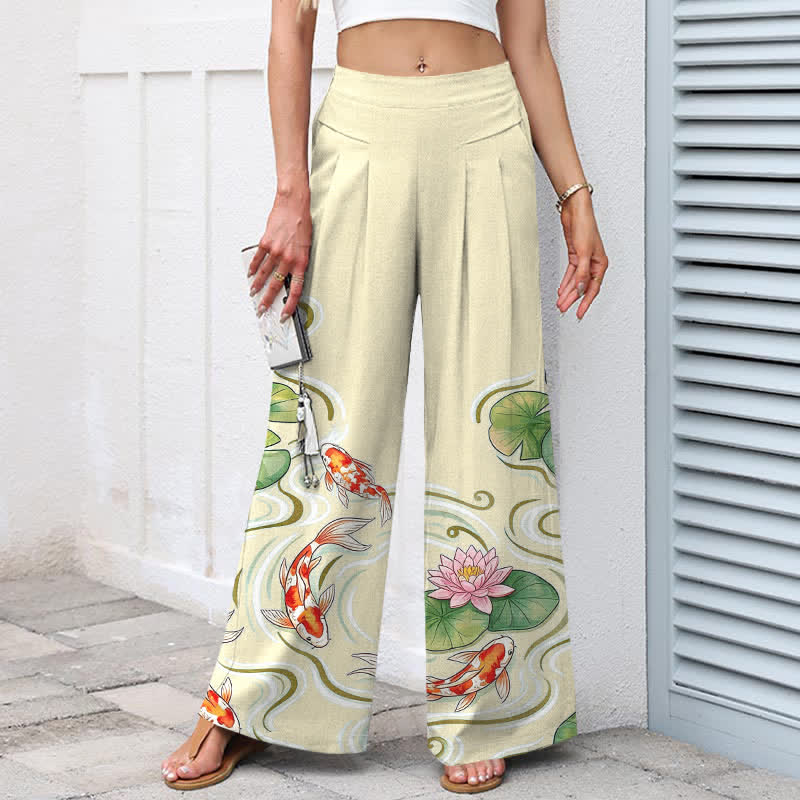 Buddha Stones Spodnie damskie z szerokimi nogawkami i elastyczną talią, z motywem ryby koi i lotosu w stawie, z bawełny i lnu, z kieszeniami - Image 8