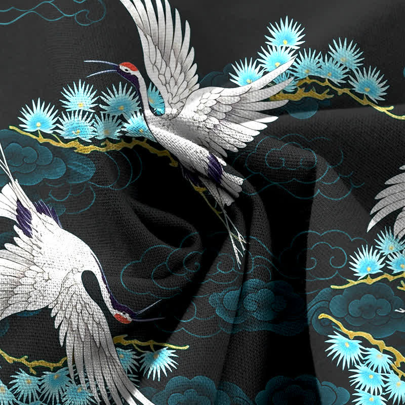 Buddha Stones Spodnie damskie z szerokimi nogawkami i elastyczną talią, z szerokimi nogawkami i kieszeniami, z bawełny i lnu, w białe chmury i żurawia, wzór sosny - Image 4