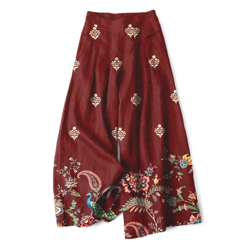 Buddha Stones Spodnie damskie z szerokimi nogawkami i elastyczną talią, z szerokimi nogawkami i kieszeniami, z bawełny i lnu, w kwiatowy wzór w stylu boho, paisley - Image 5