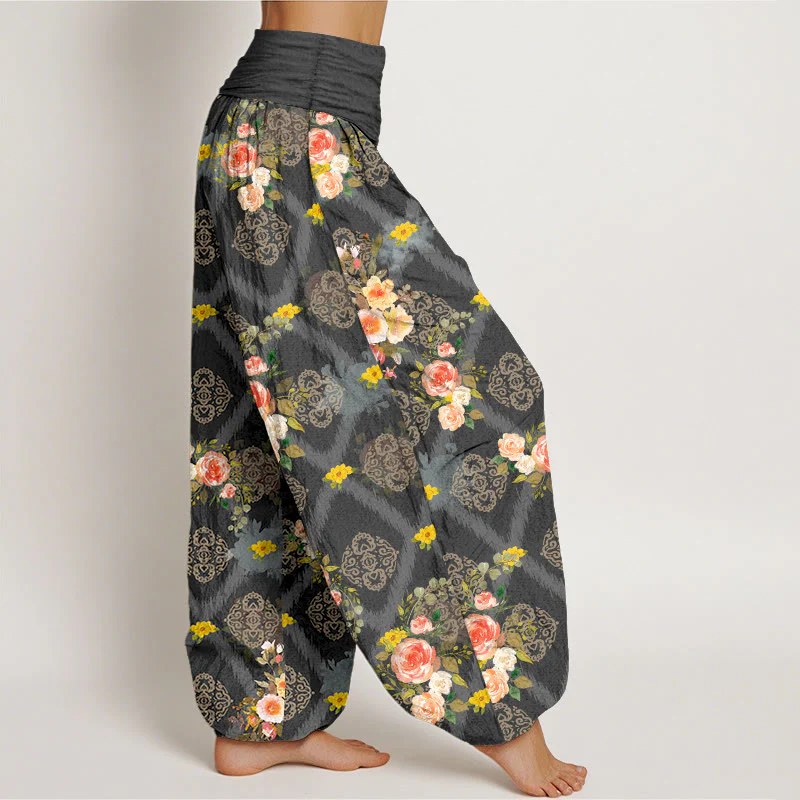 Buddha Stones Spodnie haremki damskie z bawełny z geometrycznym, kolorowym wzorem kwiatowym i elastyczną talią - Image 8