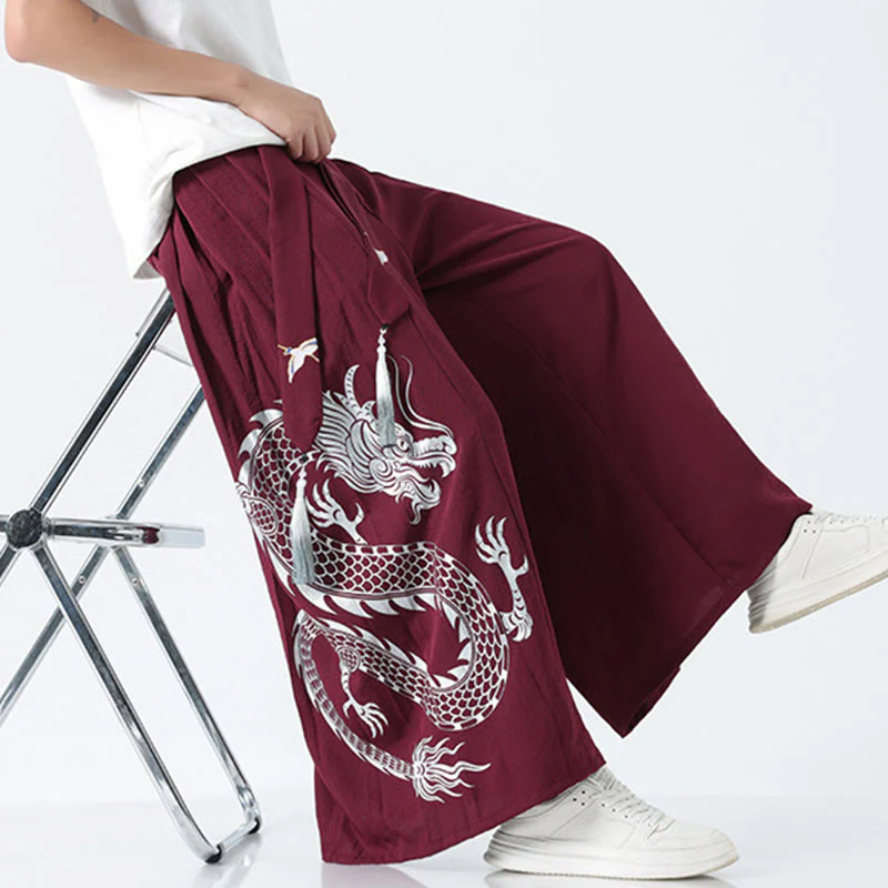 Buddha Stones Spodnie męskie z szerokimi nogawkami i kieszeniami Summer Dragon Drawstring Design Cotton do kostek - Image 24