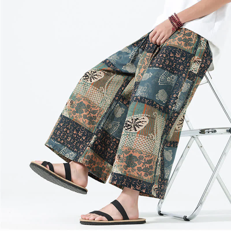 Buddha Stones Spodnie męskie z szerokimi nogawkami i kieszeniami, wiosenne i letnie, w stylu boho, swobodne, ze ściągaczem i kwiatowym wzorem patchworkowym - Image 10