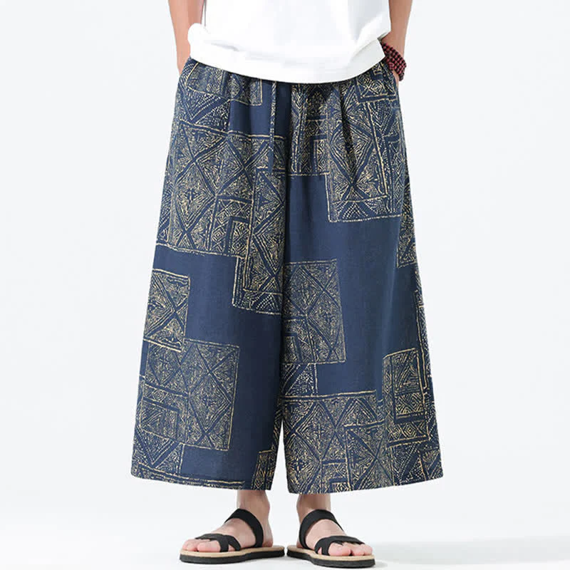 Buddha Stones Spodnie męskie z szerokimi nogawkami i kieszeniami, wiosenne i letnie, w stylu boho, swobodne, ze ściągaczem i kwiatowym wzorem patchworkowym - Image 12