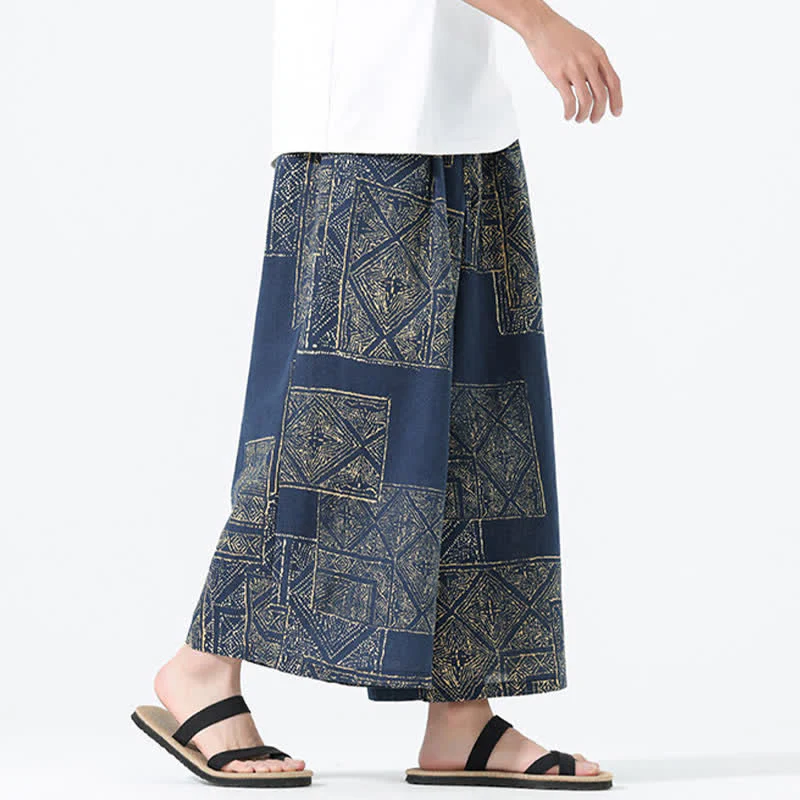 Buddha Stones Spodnie męskie z szerokimi nogawkami i kieszeniami, wiosenne i letnie, w stylu boho, swobodne, ze ściągaczem i kwiatowym wzorem patchworkowym - Image 13