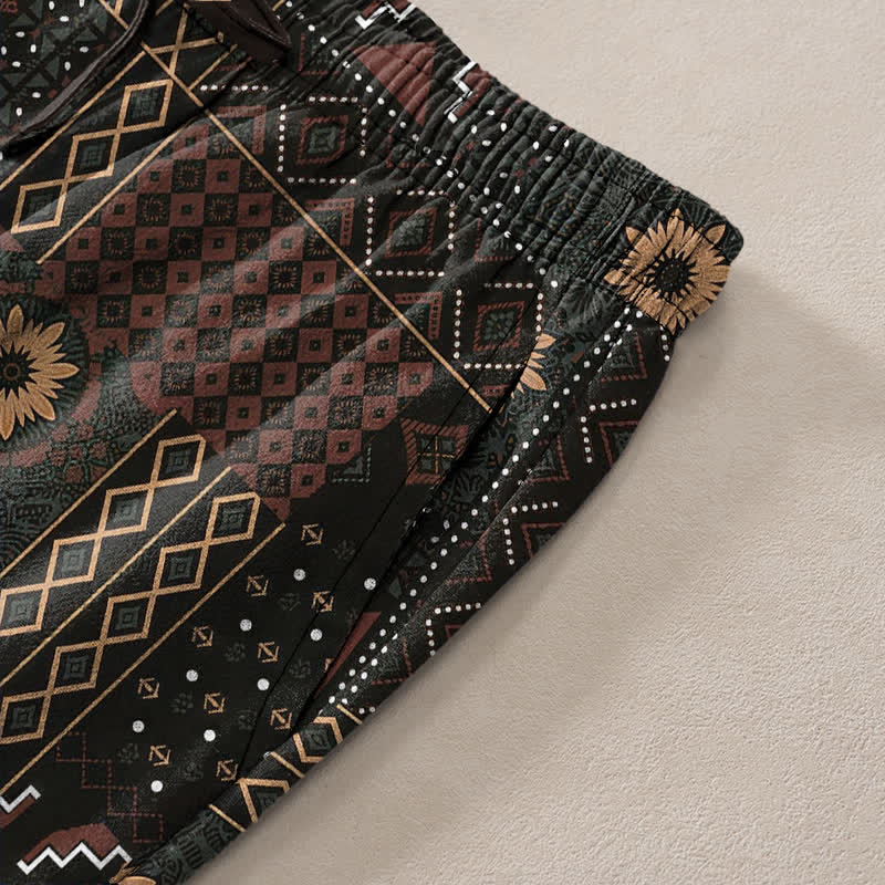 Buddha Stones Spodnie męskie zwężane z bawełny w stylu boho z geometrycznym wzorem kwiatowym i kieszeniami - Image 3