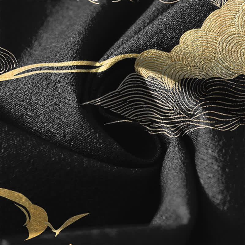 Buddha Stones Spodnie męskie zwężane z czystej bawełny ze wzorem Golden Cloud Wave i ściągaczem, z kieszeniami - Image 7