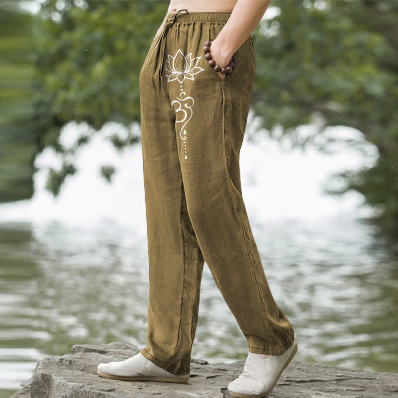 Buddha Stones Spodnie męskie zwężane z kieszeniami i wzorem Lotus Om Cotton Lotus - Image 8