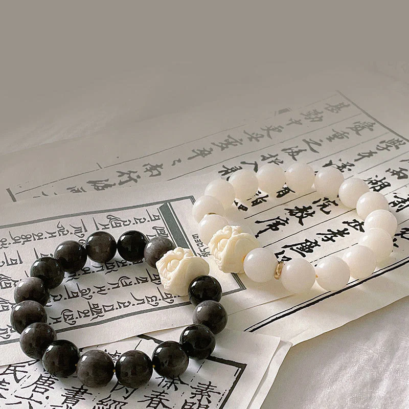 Buddha Stones Srebrny połysk Obsydian Nasiona Bodhi Kość Słoniowa Owoce Tańczący Lew Bransoletka Ochronna - Image 2