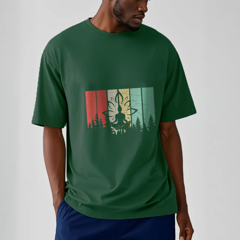Buddha Stones Statua Buddy Medytująca W Pozycji Lotosu Wzór Cienia Bawełniana Koszulka T-shirt - Image 12